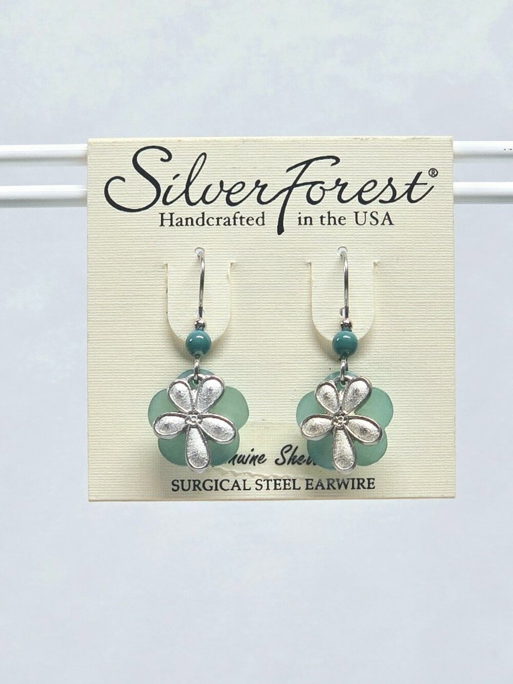 Fun Flower on Green Genuine Shell Dangle Earrings